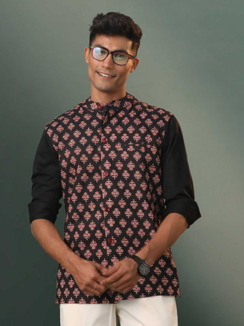 Vastramay Men's Black Floral Printed Cotton Nehru Jacket
